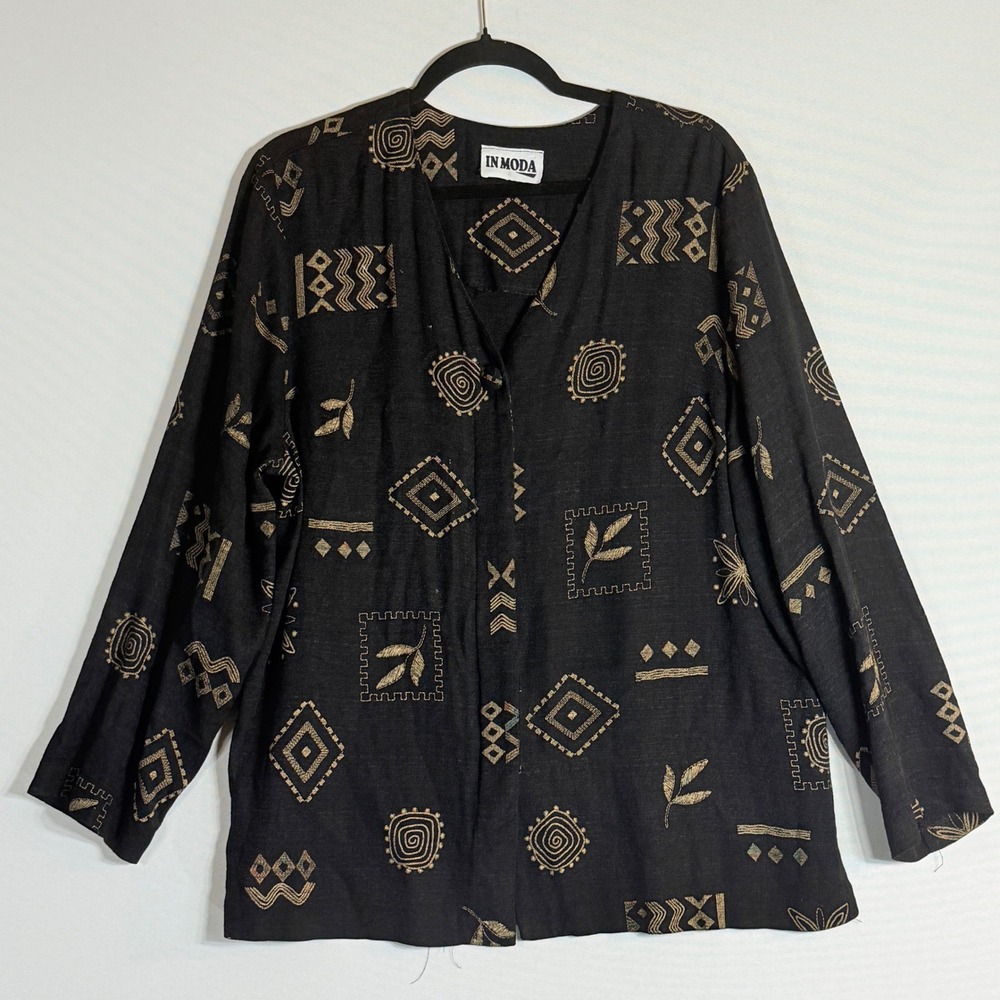 Vintage‎ In Moda Women XL 1X Top Shirt Artsy Eclectic Boho Black Gold Abstract